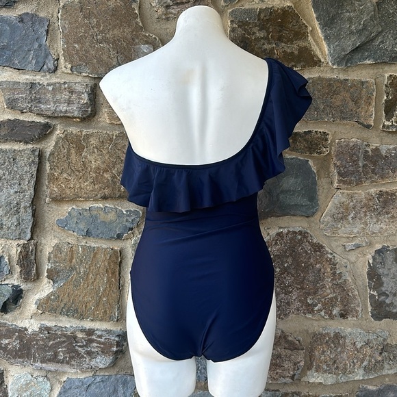 J. Crew Factory Women's One-Shoulder Ruffle Swimsuit Navy Blue Size M - Picture 4 of 7